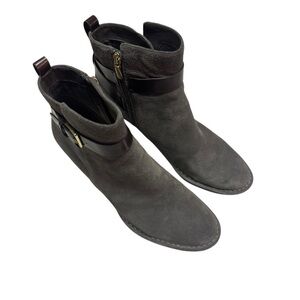 Clarks Womens Spiced River Ankle Boots Booties Gray Suede Mid High Zip Strap 10